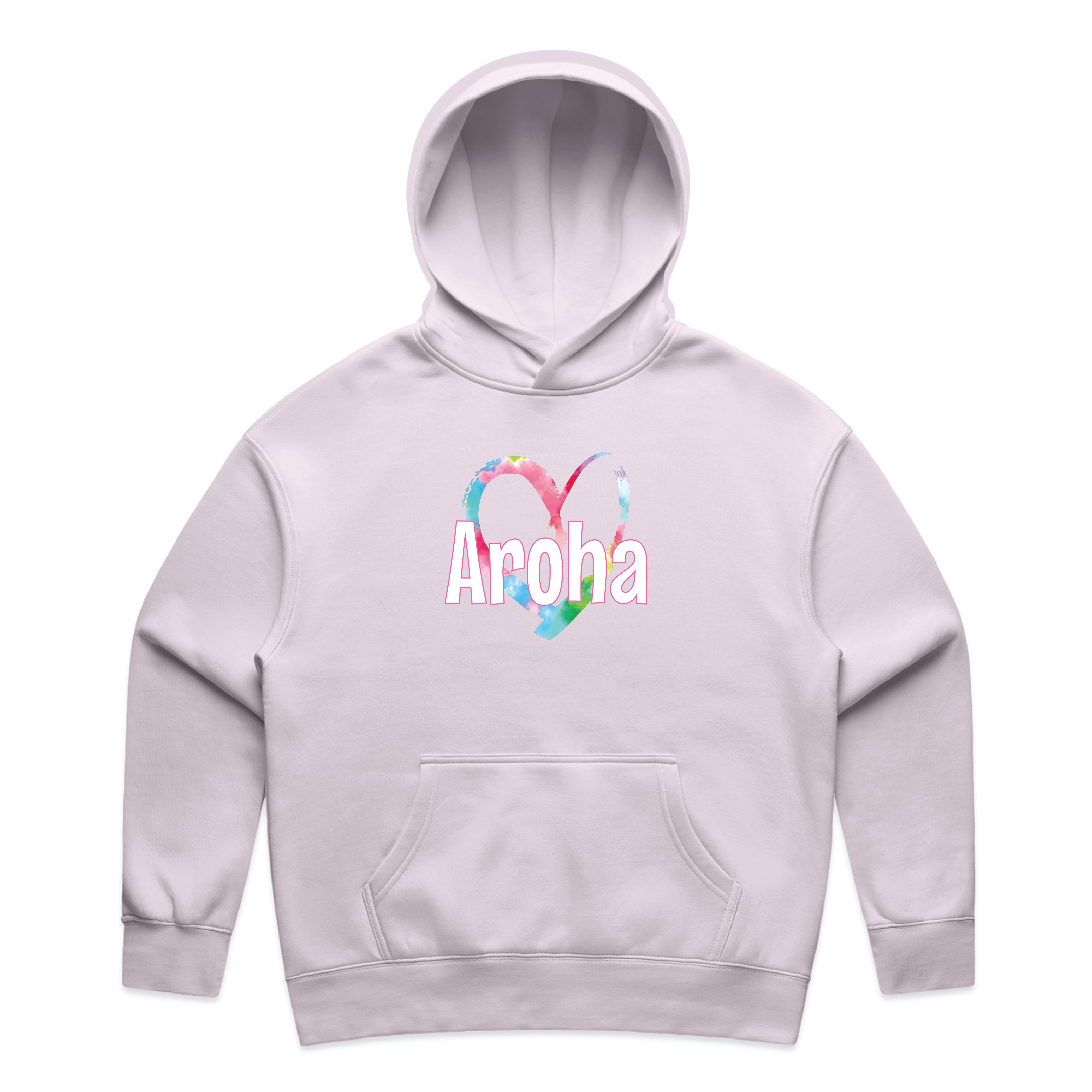 Aroha Hoodie with a vibrant tie-dye vinyl heart print and the word “Aroha” in Māori, in orchid colour.