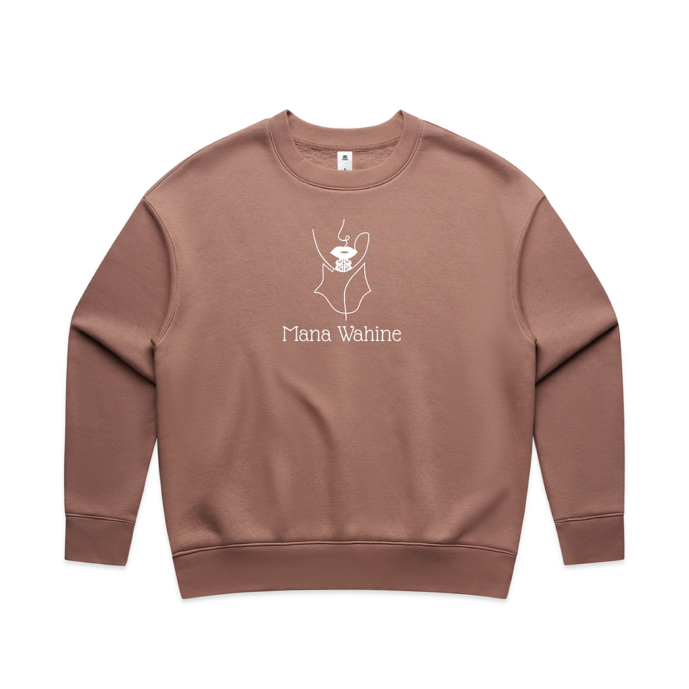 Thumbnail: Mana Wahine sweatshirt featuring a woman with a moko kauae, symbolising strength, dignity, cultural heritage, in hazy pink.