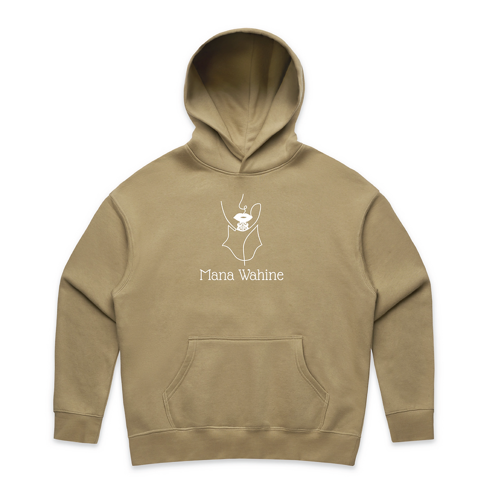 Thumbnail: Mana Wahine Hoodie featuring a woman with a moko kauae, symbolising strength, dignity, cultural heritage, in sand.