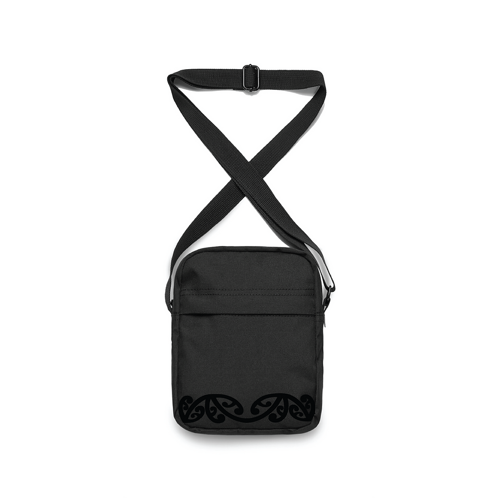 Thumbnail: Black Flight Bag with multiple compartments, sturdy adjustable strap, and high-quality construction, with a Koru design.