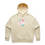 Thumbnail: Aroha Hoodie with a vibrant tie-dye vinyl heart print and the word “Aroha” in Māori, in butter colour.