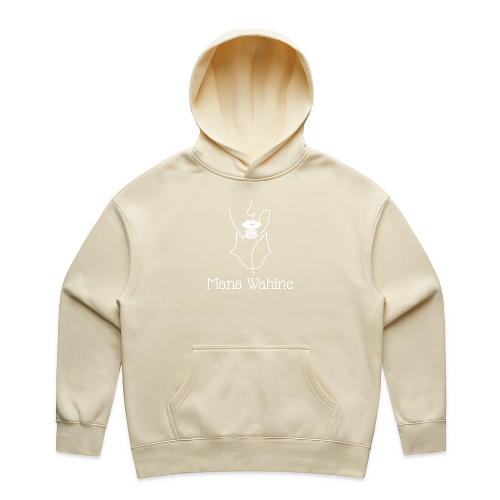 Thumbnail: Mana Wahine Hoodie featuring a woman with a moko kauae, symbolising strength, dignity, cultural heritage, in butter.