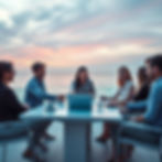 A modern outdoor business setting at sunset with a turquoise and purple sky. A small group