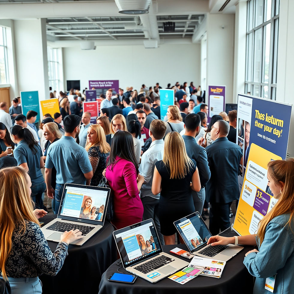 A vibrant event scene with people networking and engaging, while a marketing team manages