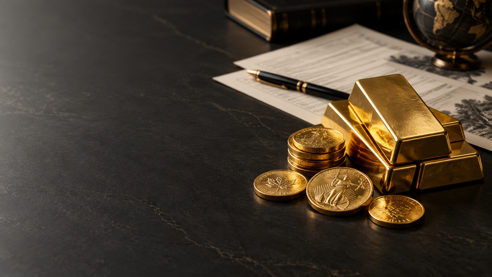 Physische Goldbarren und Goldmünzen als Symbol für den Goldkauf bei Golden Eagle