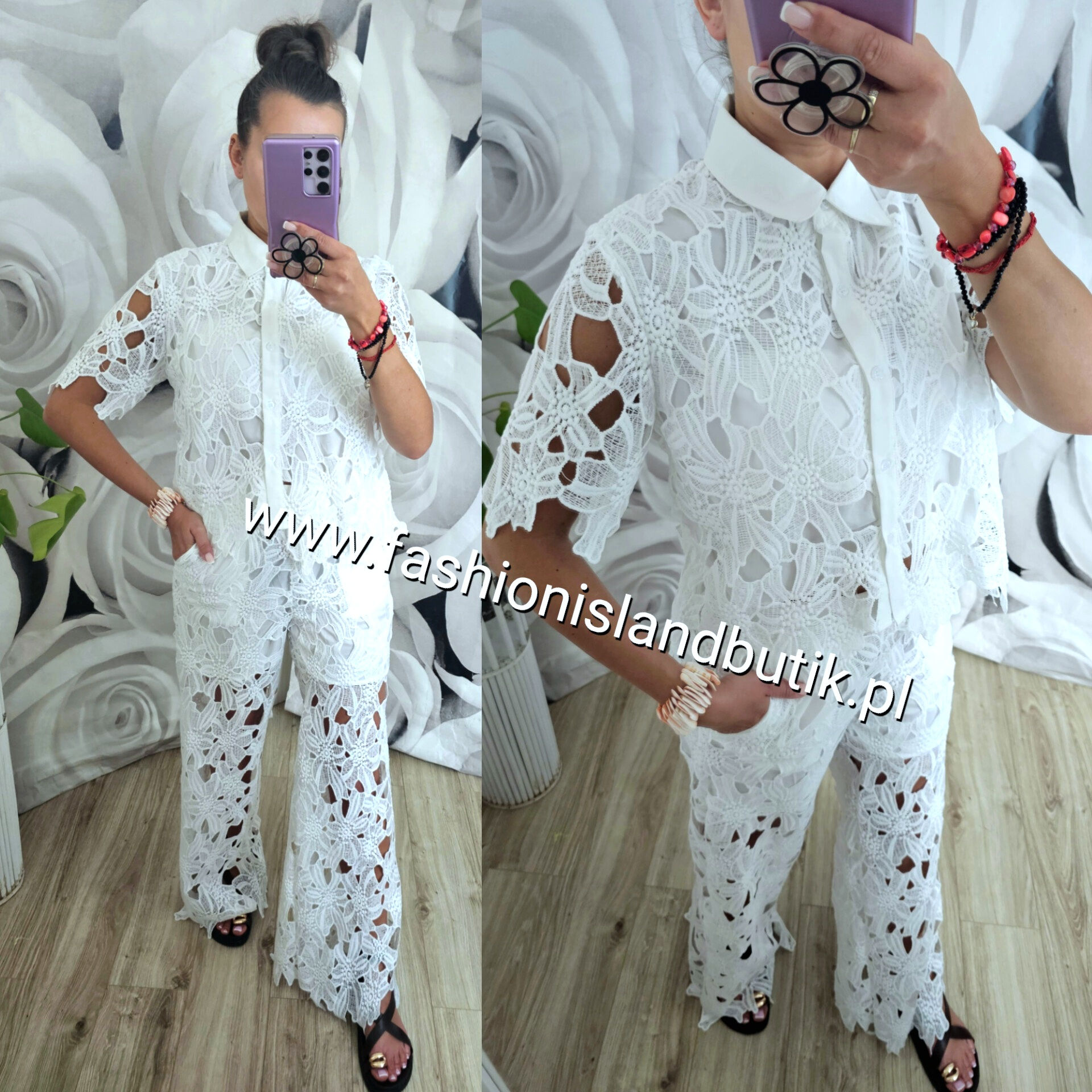 Koronkowy komplet boho z szerokimi spodniami