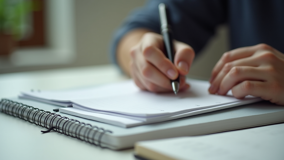 Close-up view of a notebook with notes and a pen