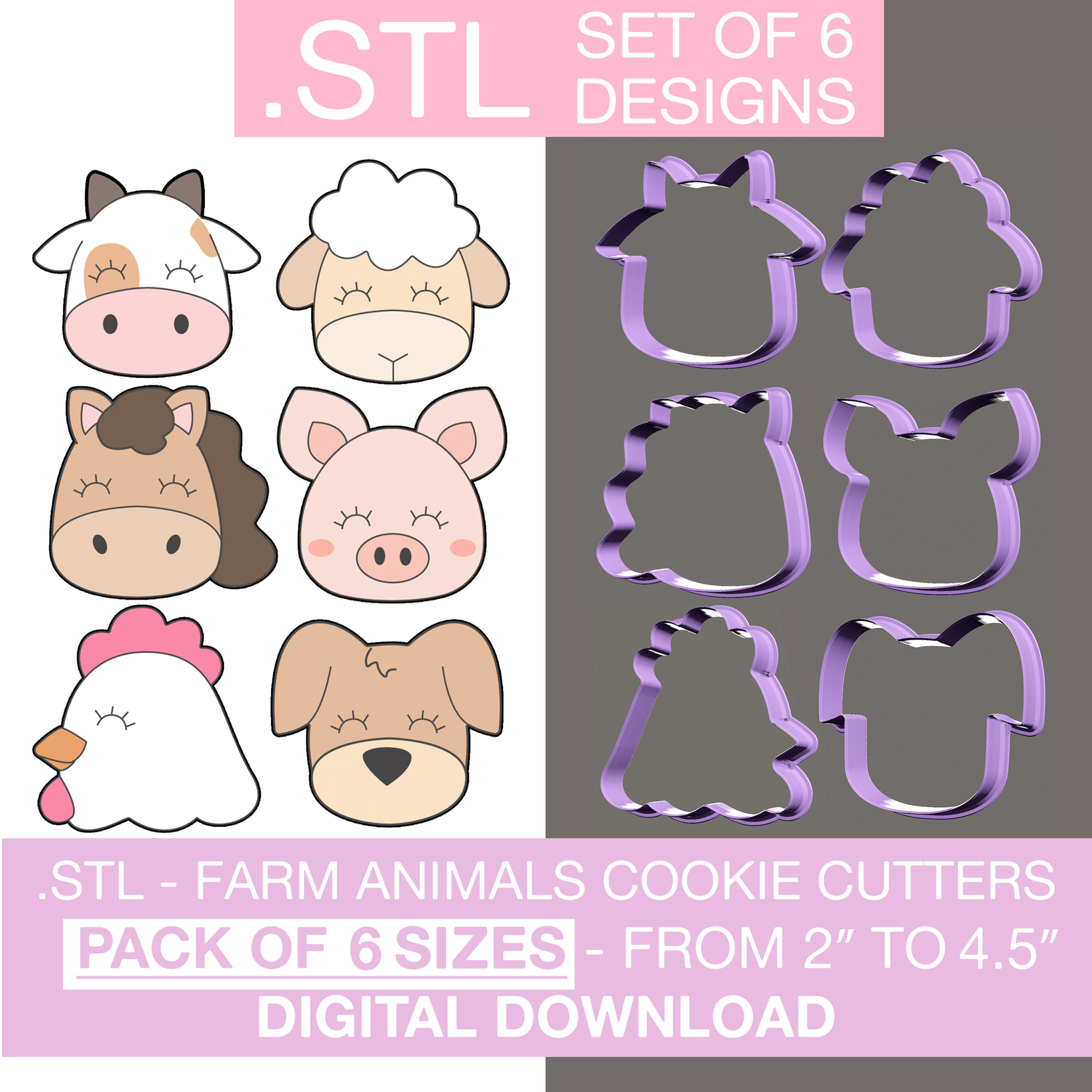 Digital Download - Farm Animals Cookie Cutters Set STL