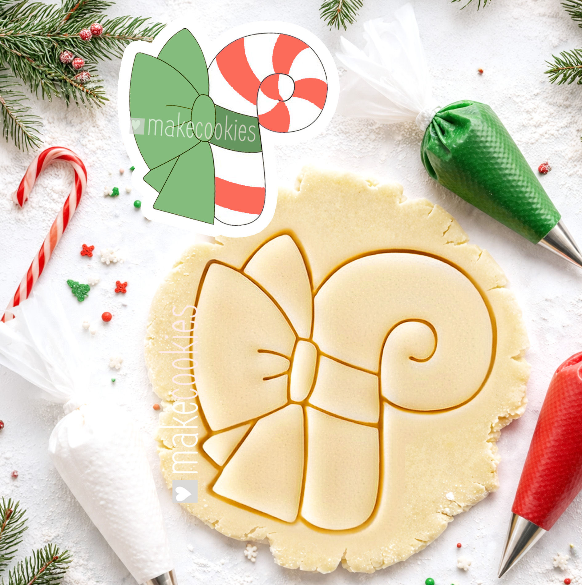 Candy Cane with Bow Cookie Cutter: Christmas Cookie Mold for Baking