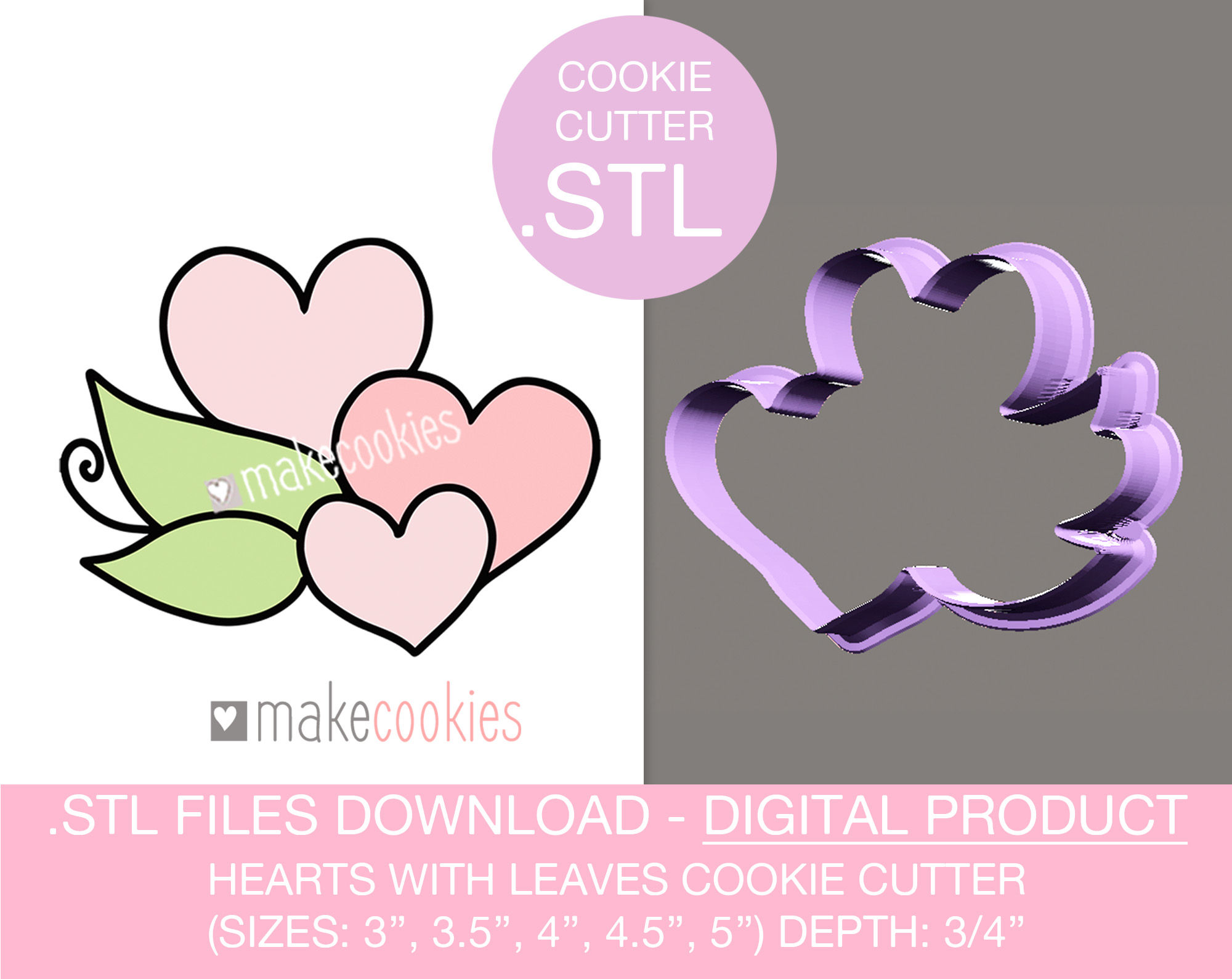 Digital Download - Hearts with leaves Cookie Cutter