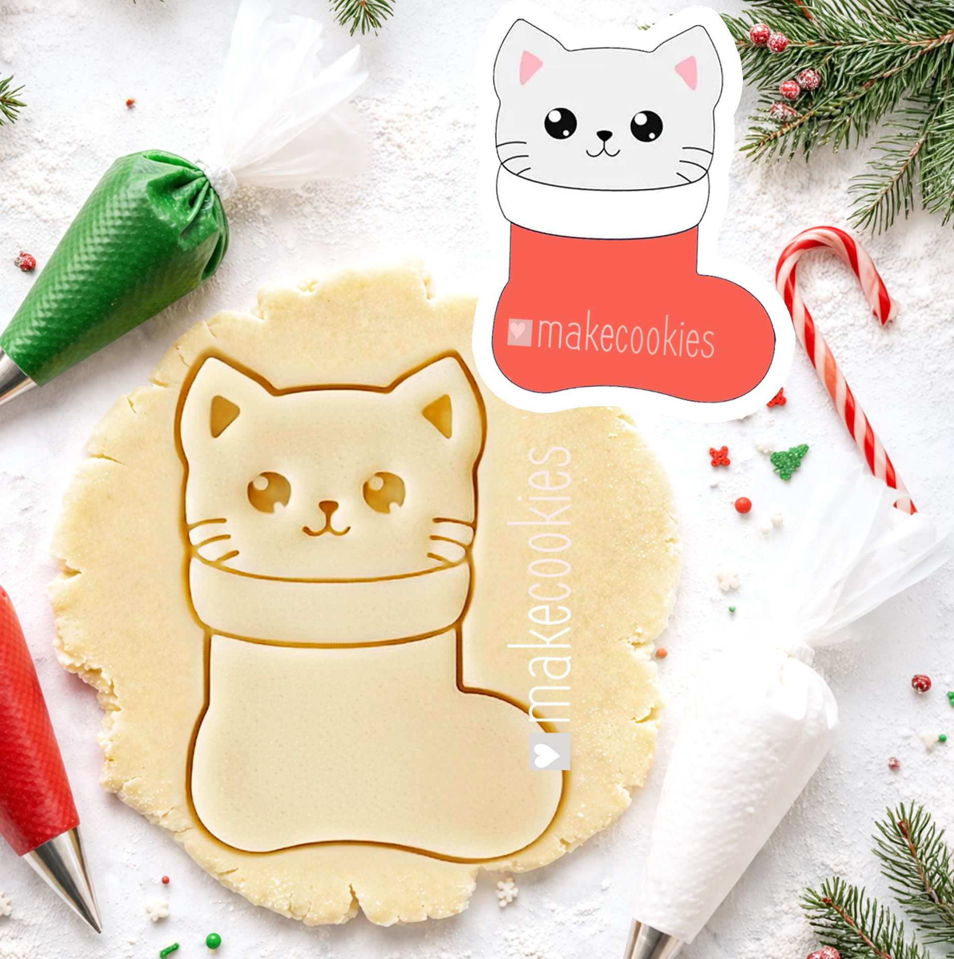 Cat in Christmas Stocking  Cookie Cutter