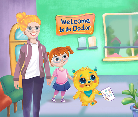 avatar of mother, girl, and Lumie walking into office with smiling nurse greeting them at the desk