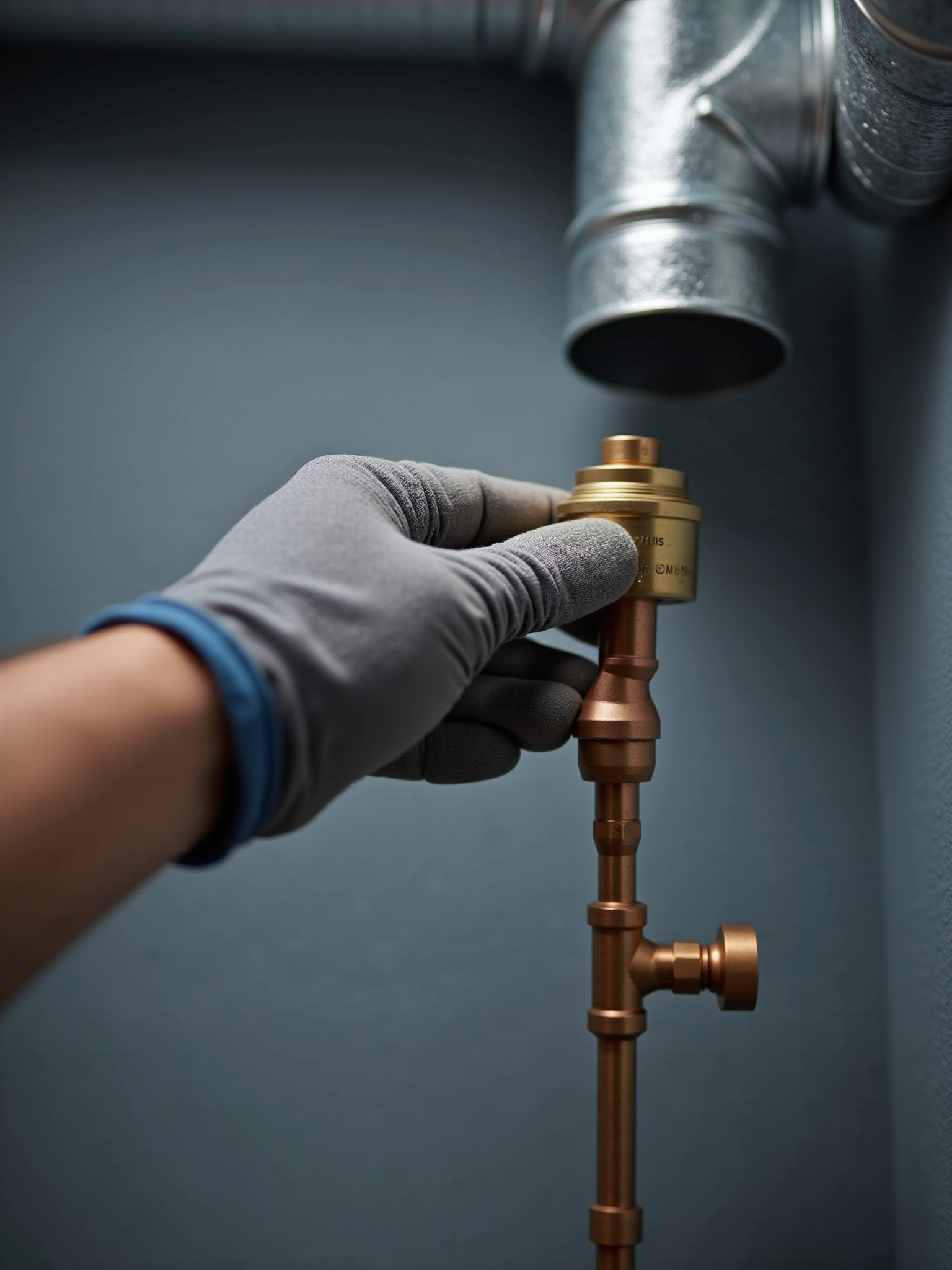 Hand wearing a glove holding a copper pipe