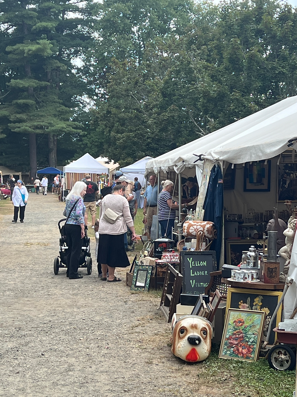 Two woman look at an antique stall