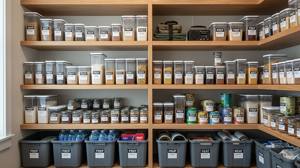 Eye-level view of a well-organized pantry with labeled food containers