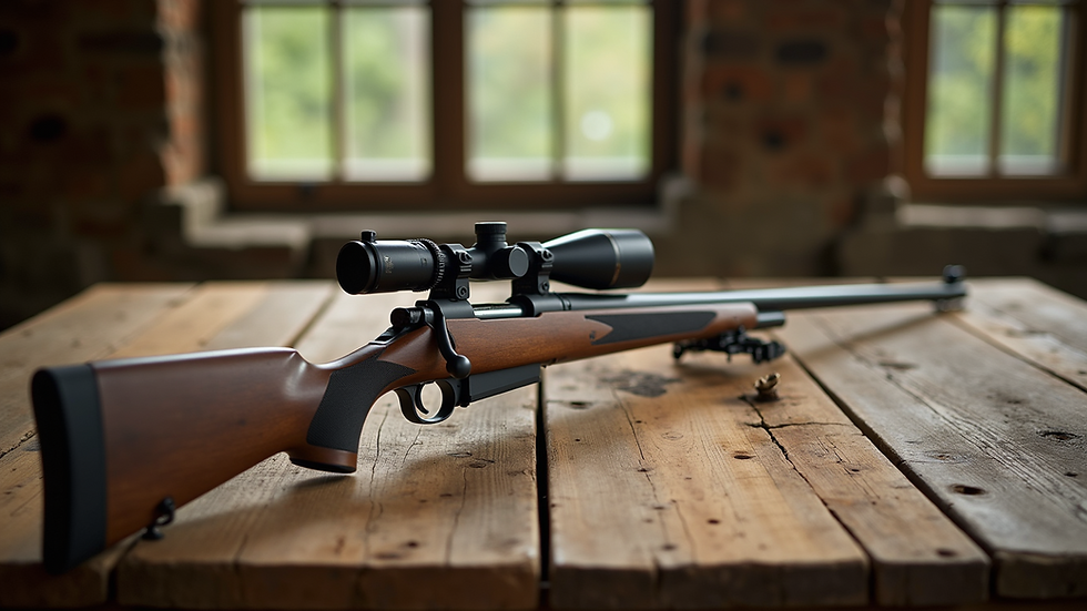Eye-level view of a hunting rifle resting on a wooden table