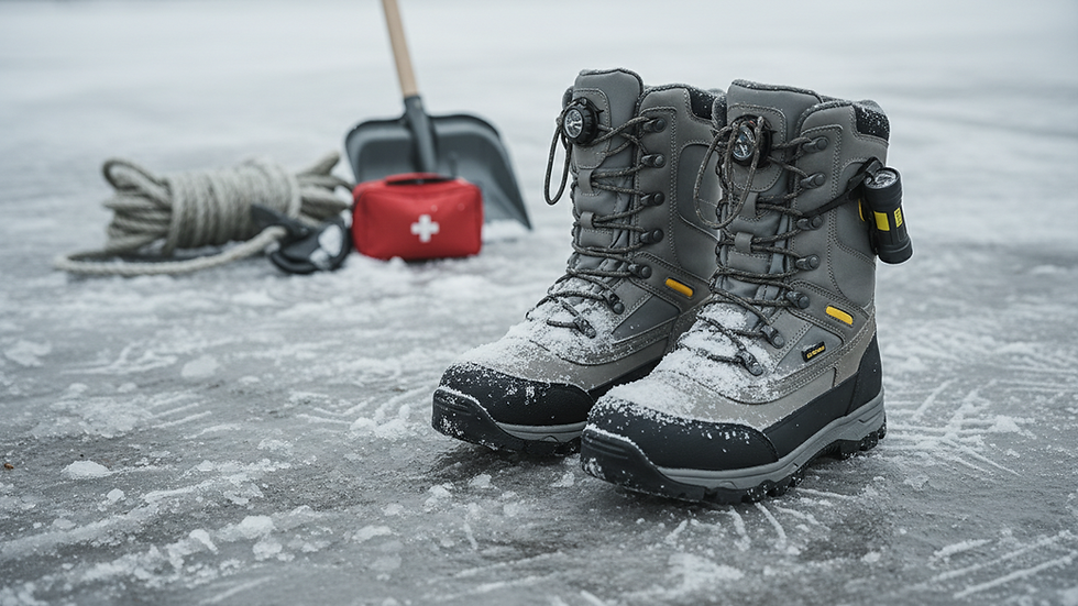 Close-up view of snow-covered boots on icy pavement
