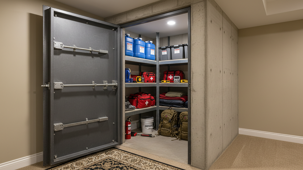 Eye-level view of a basement tornado shelter with emergency supplies neatly arranged