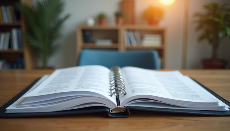 Eye-level view of an emergency preparedness binder open on a wooden table with organized documents inside