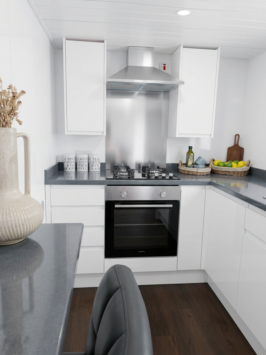 Packshot photography of a modern white kitchen with grey countertops. The L-shaped space features stainless steel appliances.
