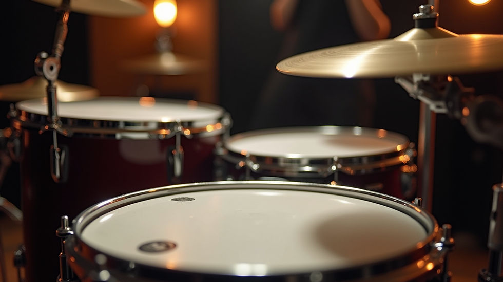 Eye-level view of a drum set with a focus on the snare drum