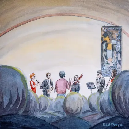 The premiere of "A Shimmering Light" by Ramin Amin Tafreshi at the Schiermonnikoog Festival featured a masterful painting by Dutch painter and visual artist Rafael Martig.