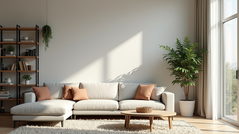 Eye-level view of a modern living room with tall shelves and indoor plants