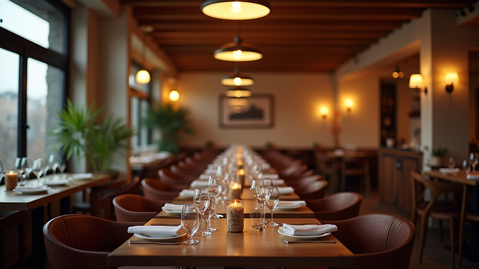 Wide angle view of a cozy dining area with warm lighting