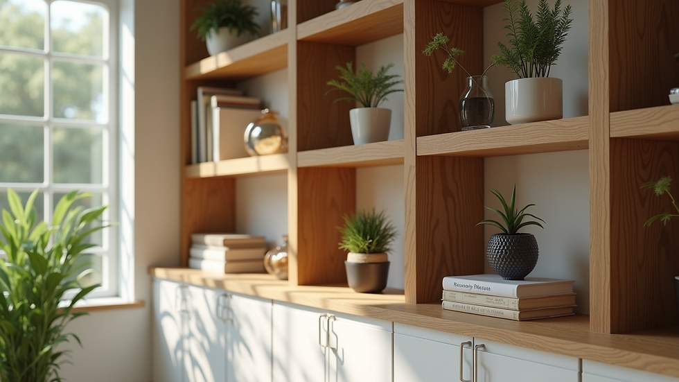 Close-up view of built-in wooden shelves with decorative items and plants