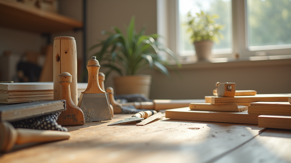 Close-up view of renovation materials and tools arranged neatly