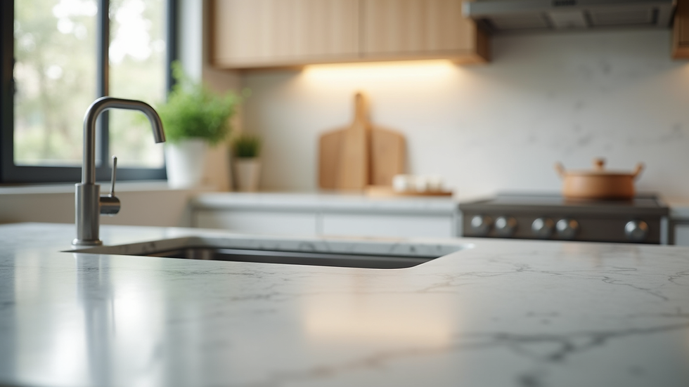 Close-up view of a renovated kitchen countertop with modern fixtures