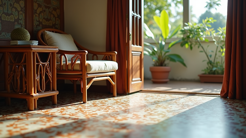 Close-up view of a living room corner with Peranakan tiles and rattan furniture