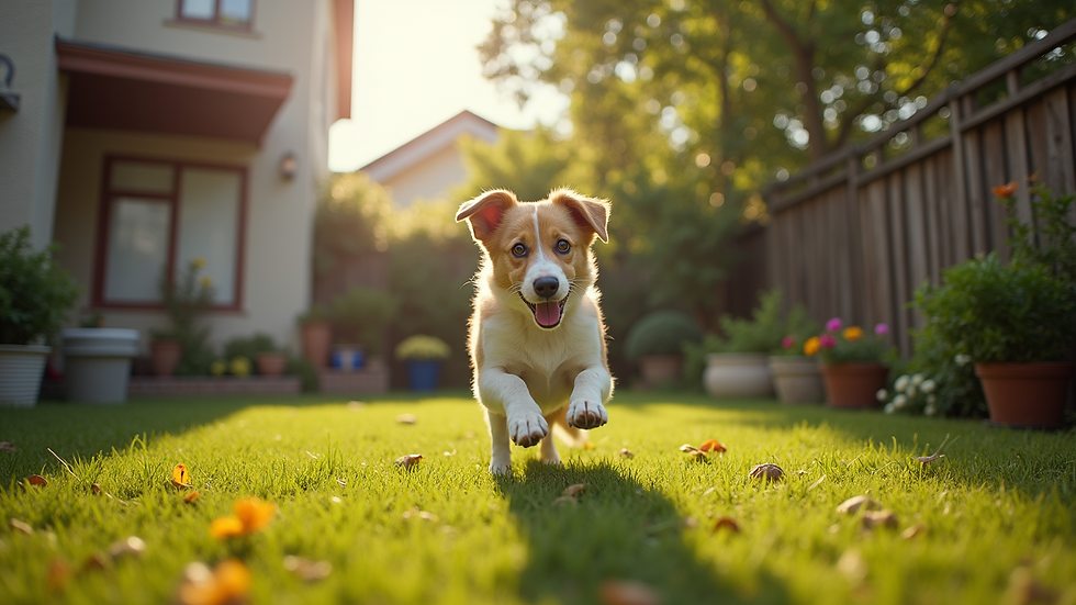 Wide angle view of a serene backyard with space for a rescue dog to play