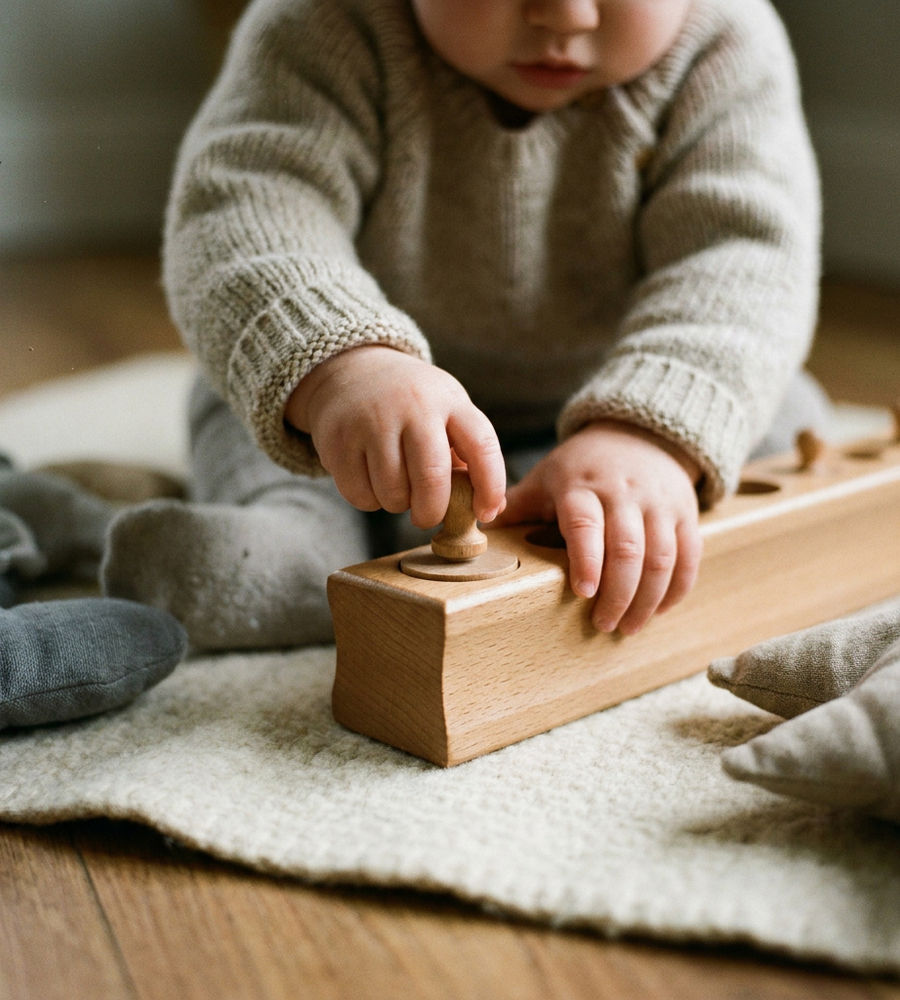 A child's hands working with a wooden Montessori cylinder block