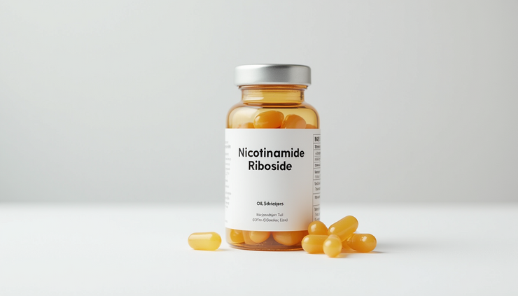 Close-up view of a laboratory vial containing a clear liquid labeled Nicotinamide Riboside supplement