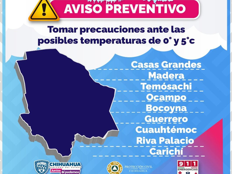 Protección Civil Estatal emite recomendaciones ante posibles heladas en varios municipios del estado