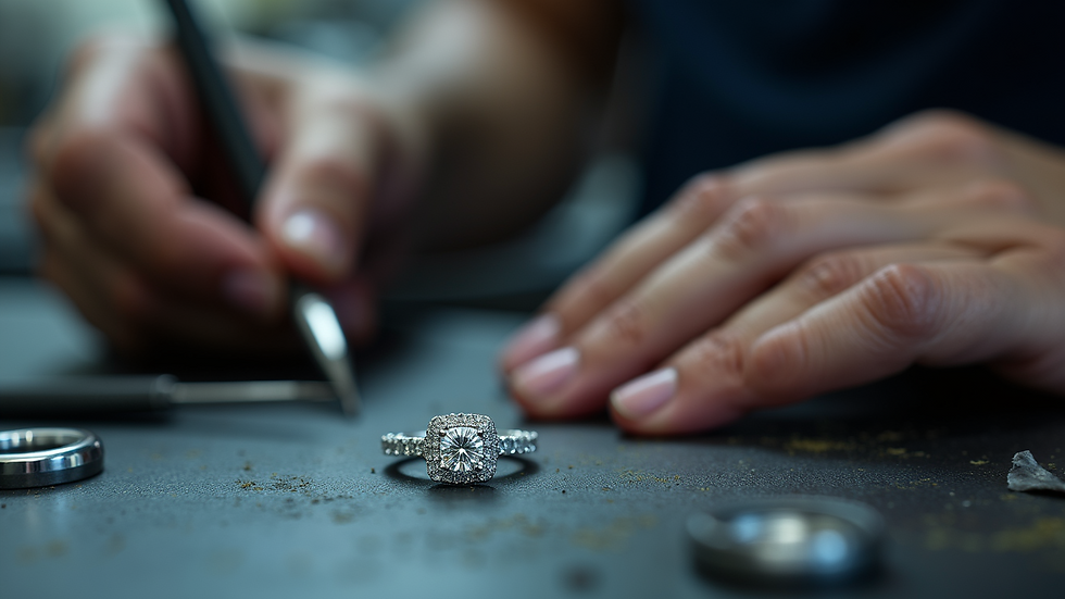 Eye-level view of a jeweller’s workbench with tools and a lab-grown diamond ring in progress