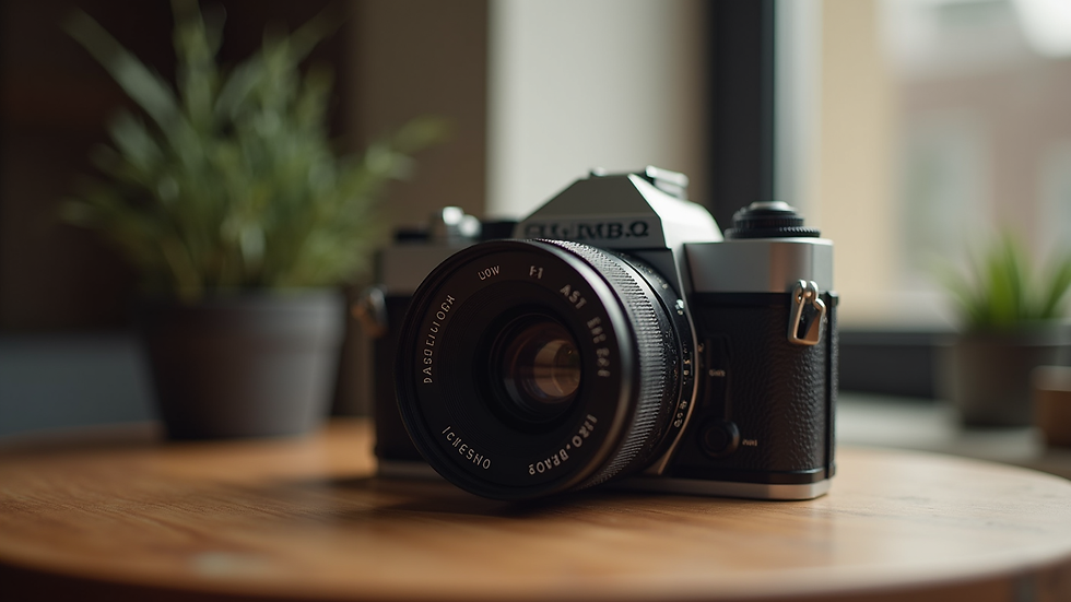 Close-up view of a vintage camera on a wooden table