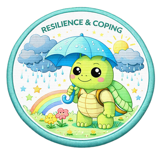 Resilience & Coping: "Achievement badge titled 'RESILIENCE & COPING' featuring a turtle in a rainy storm with a calm expression."