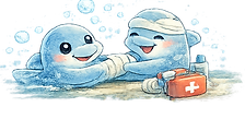 Practice Real Scenarios  - (Right) -
Illustration of a dolphin applying a bandage to another dolphin's flipper.
