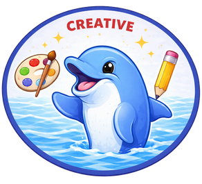 Creative: Round badge with a dolphin next to a paint palette with a brush and a yellow pencil.