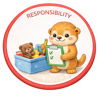Responsibility: Round badge with an otter organizing items into a wooden crate.
