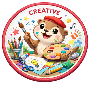 Creative: Round badge with an otter wearing a red beret and holding a paintbrush and paint palette.