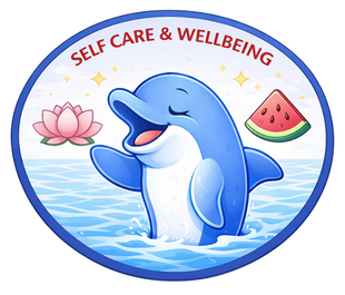 Self-care & Wellbeing: Round badge with a dolphin next to a pink lotus flower and a slice of watermelon.