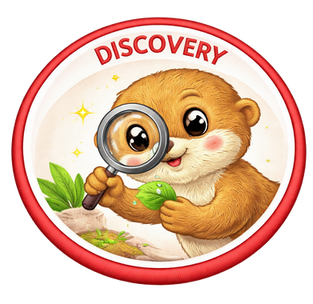 Discovery: Round badge with an otter using a magnifying glass to look at a green leaf.