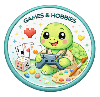 Games and Hobbies: "Achievement badge titled 'GAMES & HOBBIES' featuring a turtle playing with a ball and a cat."