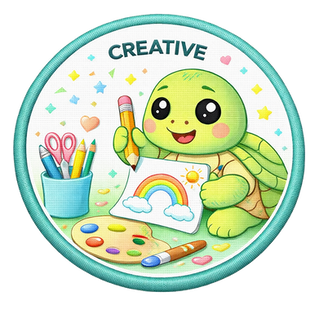 Creative: "Achievement badge titled 'CREATIVE' featuring a turtle painting on an easel."