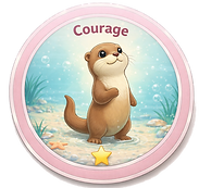 Courage Badge (Stage 1) -
Round lavender achievement badge with the word "COURAGE" at the top, featuring a sea otter standing on a snowy shore looking upward, with one gold star at the bottom.