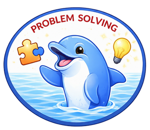Problem Solving: Round badge with a dolphin next to a puzzle piece and a glowing lightbulb.