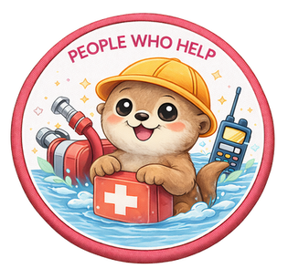 People Who Help: Round badge with an otter wearing a yellow hard hat and holding a first aid kit, next to a fire hose and walkie-talkie.